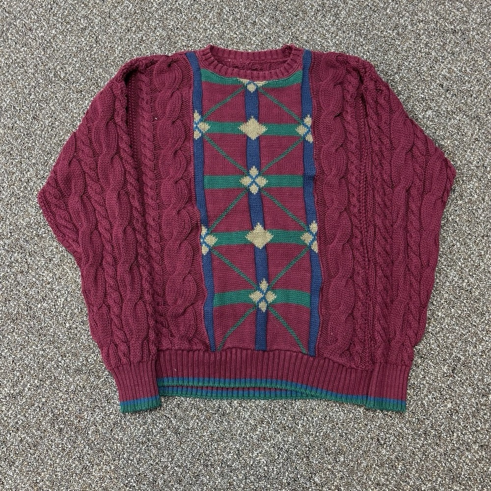 Vintage 1990s Maroon Cable Knit Sweater Designer Pullover Green Blue Large